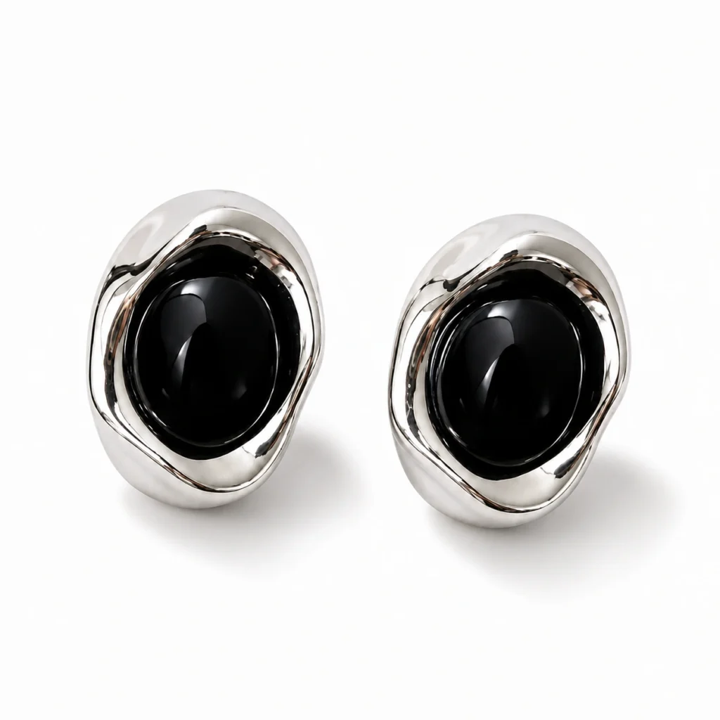 Black Resin Organic Oval Stud Earrings – Minimalist Silver Tone Design
