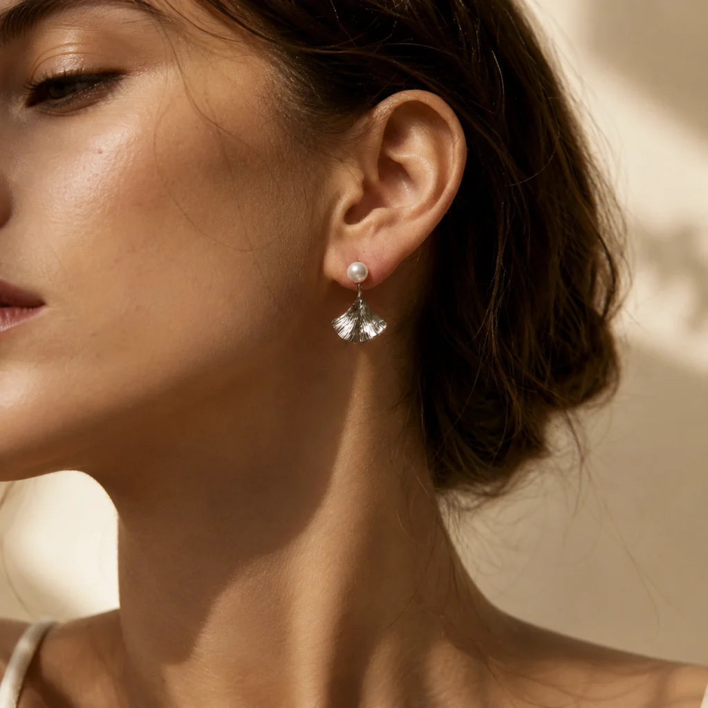 Ginkgo Leaf Drop Earrings – Vintage Silver Fan Design