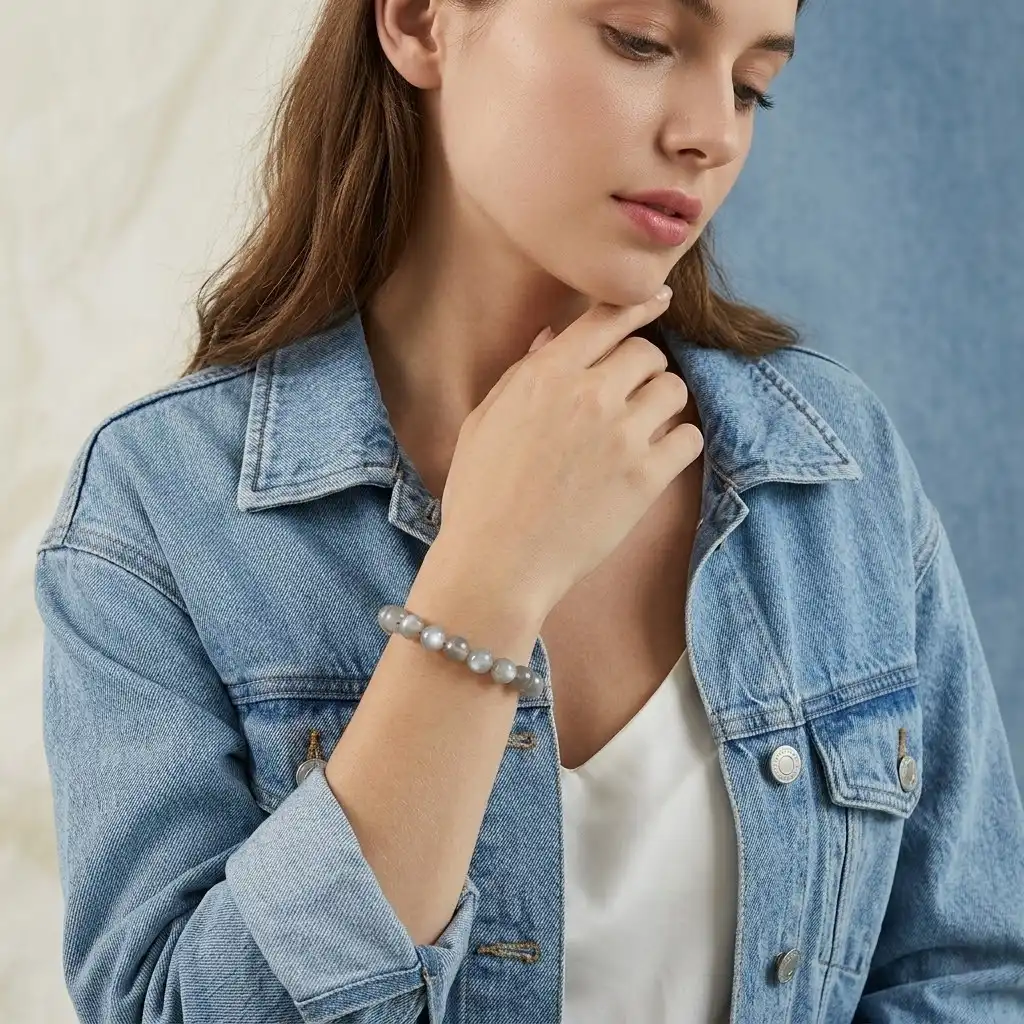 Silver Moonstone Beaded Bracelet | Natural Grey Moonstone