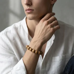 Golden Silk Sandalwood Bead Bracelet – Natural Handmade Wooden Jewelry