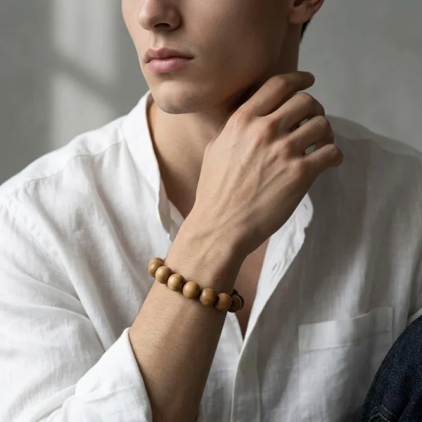 Golden Silk Sandalwood Bead Bracelet – Natural Handmade Wooden Jewelry