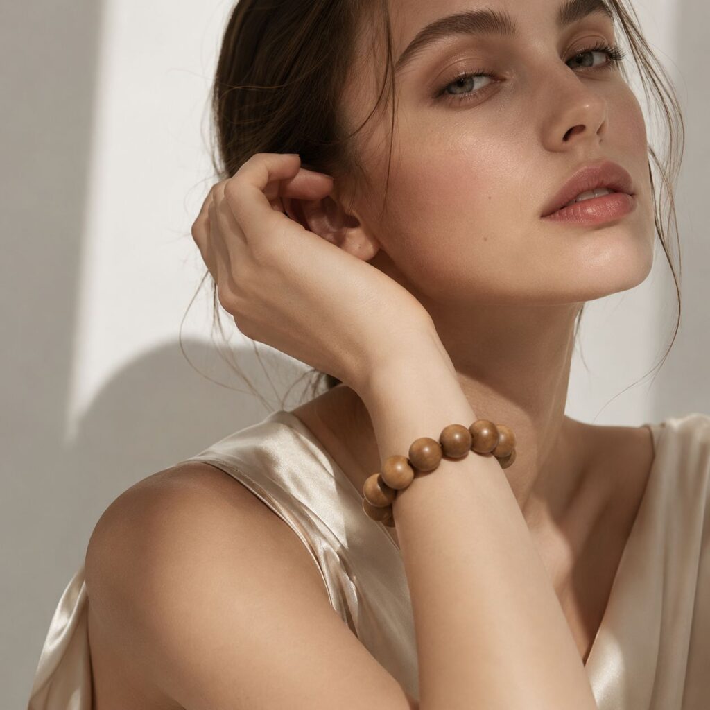 Golden Silk Sandalwood Bead Bracelet – Natural Handmade Wooden Jewelry