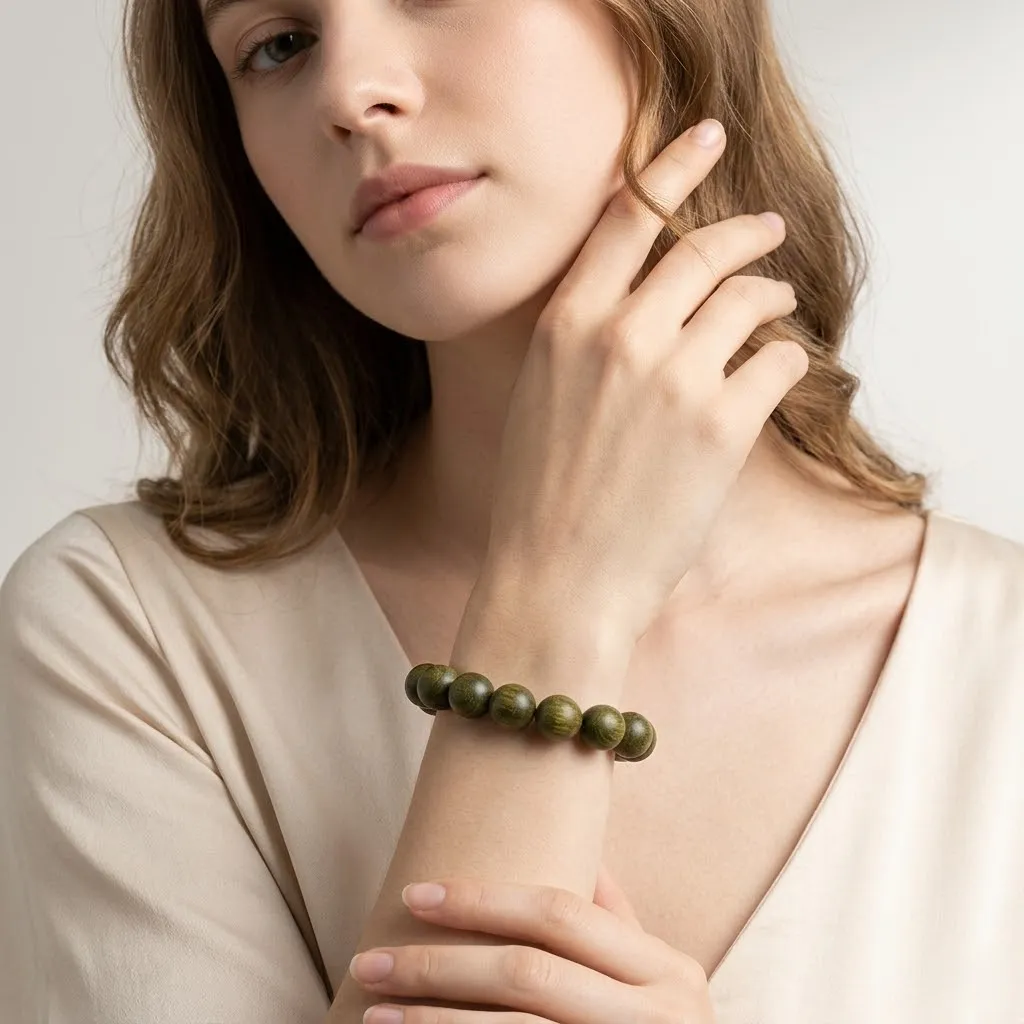 Green Sandalwood Bead Bracelet | Natural Handmade Wooden Jewelry