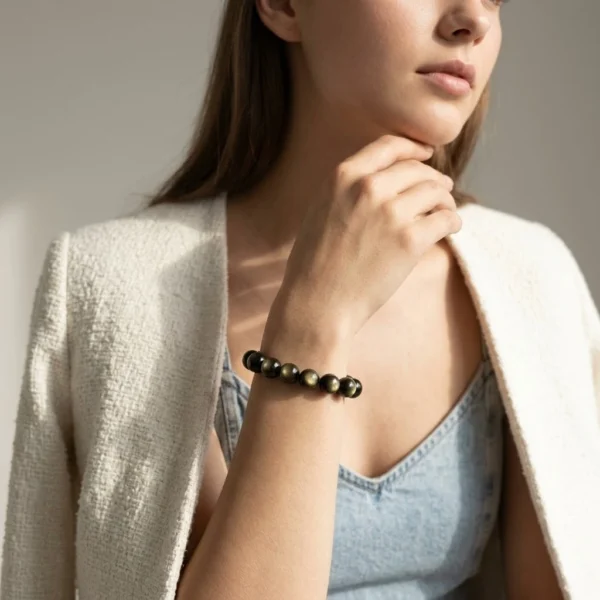 Golden Sheen Obsidian Beaded Bracelet – Natural Gold Flash Gemstone