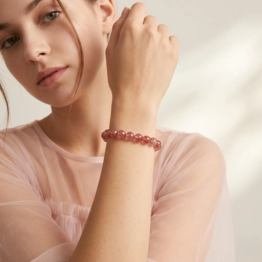 Natural Strawberry Quartz Beaded Bracelet – Delicate Pink Gemstone Jewelry