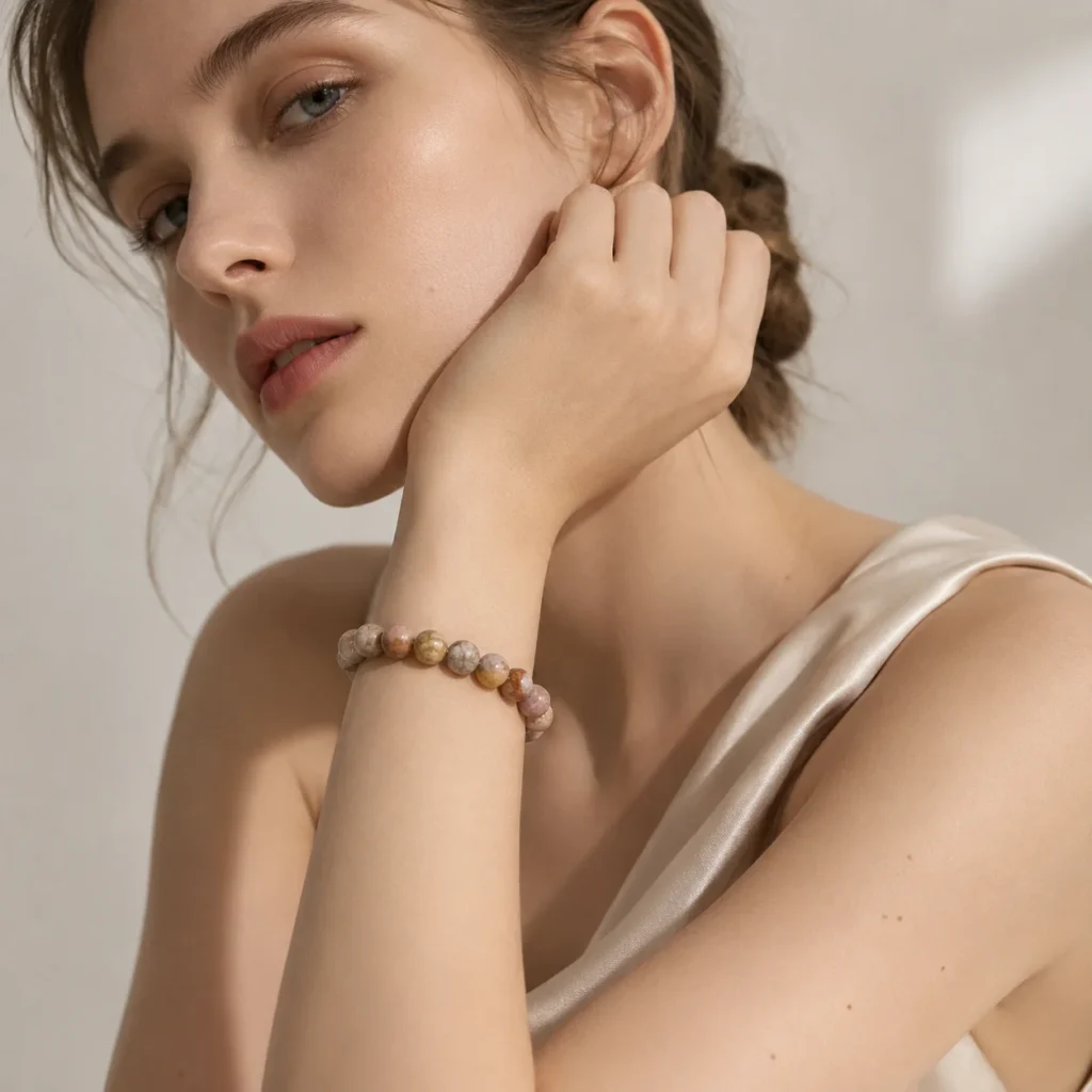 Warm Coral Fossil Jasper Beaded Bracelet – Natural Earth Tone Gemstone