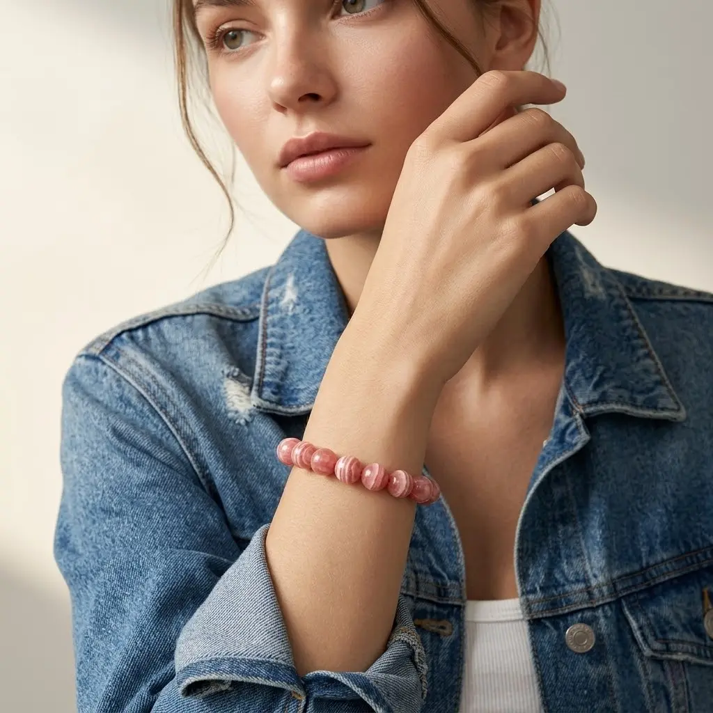 Natural Rhodochrosite Beaded Bracelet – Pink Banded Gemstone