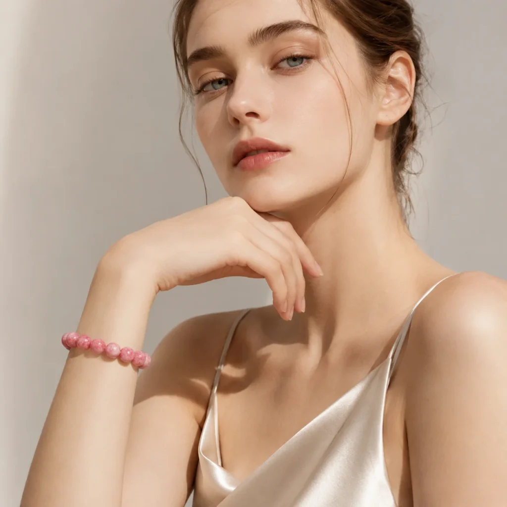 Natural Rhodonite Beaded Bracelet – Elegant Pink Gemstone Jewelry