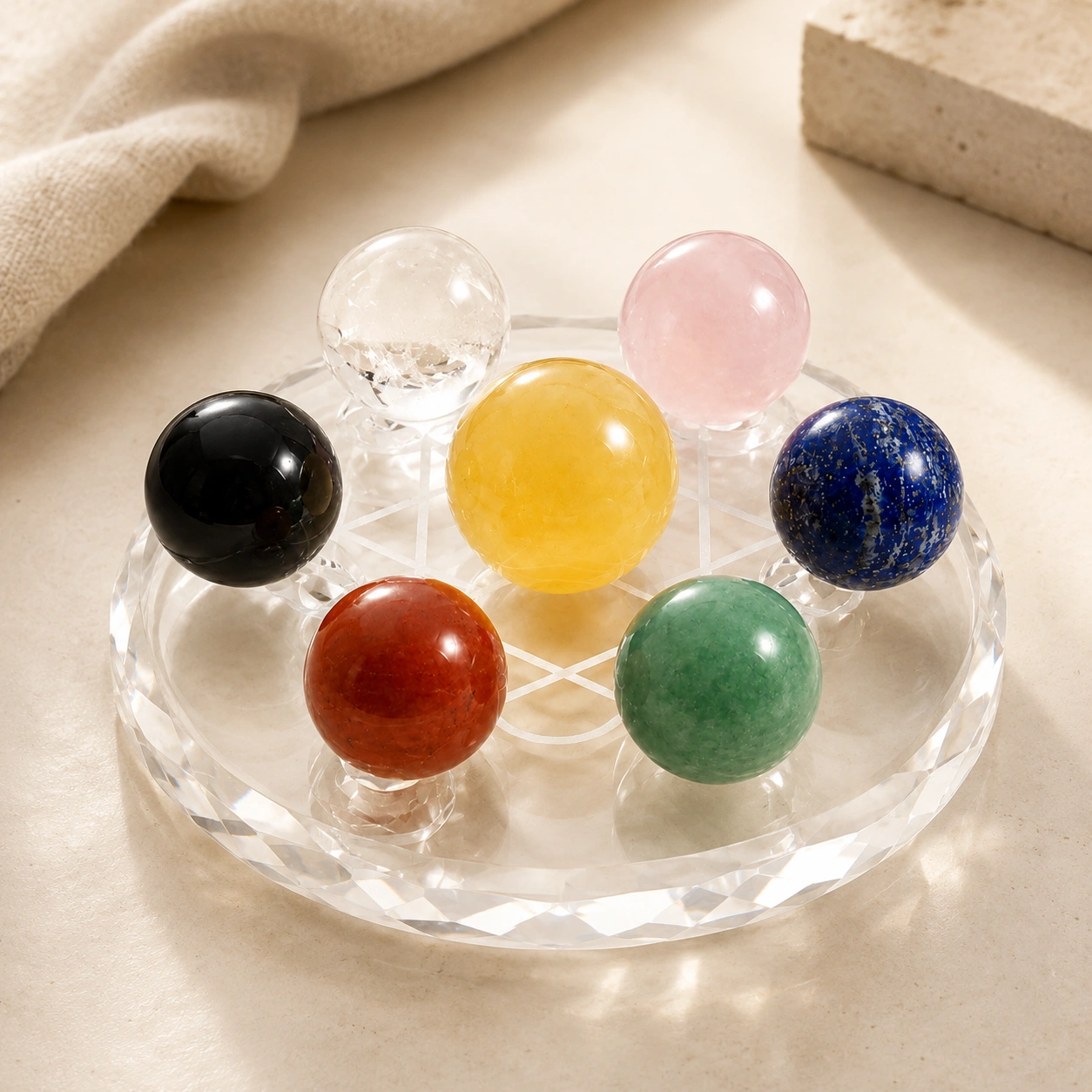 Natural Seven Chakra Crystal Sphere Grid Set