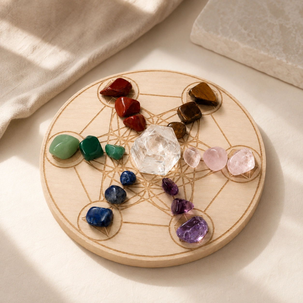 Natural Seven Chakra Crystal Grid Set with Wooden Crystal Charging Plate