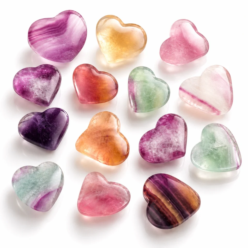 Natural Fluorite Heart Pocket Stone Hand Carved Gemstone