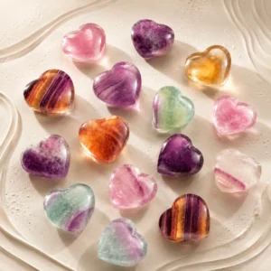 Natural Fluorite Heart Pocket Stone Hand Carved Gemstone