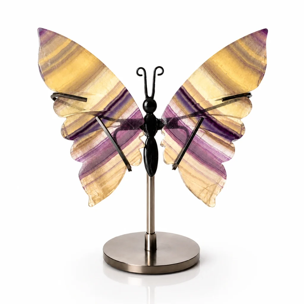 Yellow Fluorite Butterfly Crystal Ornament with Natural Gemstone Wings