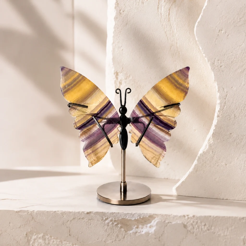 Yellow Fluorite Butterfly Crystal Ornament with Natural Gemstone Wings