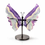 Natural green and purple fluorite butterfly crystal ornament with metal stand