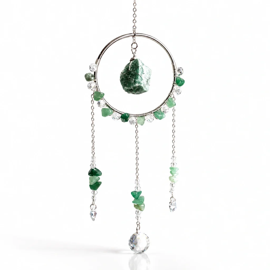 Green Aventurine Crystal Wind Chime Hanging Decor with Natural Gemstone Accents