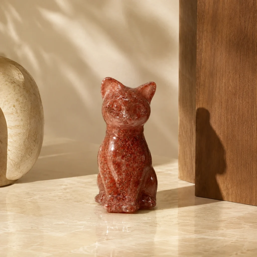 Strawberry Quartz Cat Figurine Natural Crystal Carved Decor