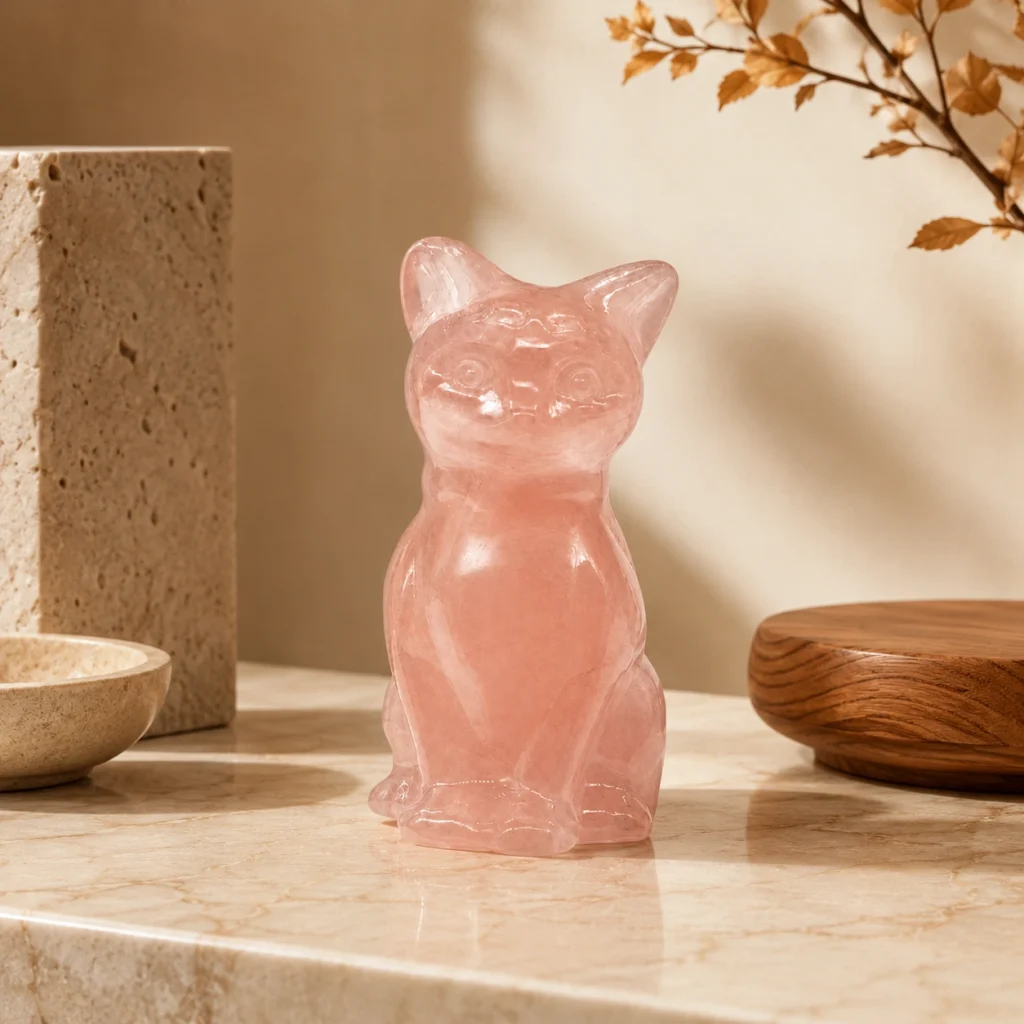 Rose Quartz Crystal Cat Figurine – Polished Handmade Decor