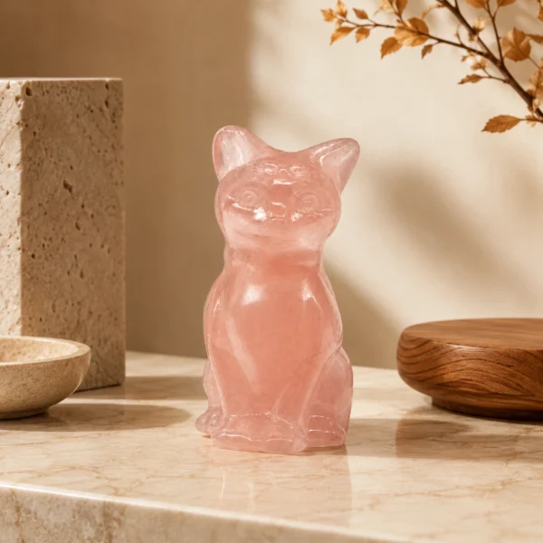 Rose Quartz Crystal Cat Figurine – Polished Handmade Decor