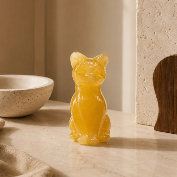 Yellow Calcite Crystal Cat Figurine – Natural Gemstone Decor