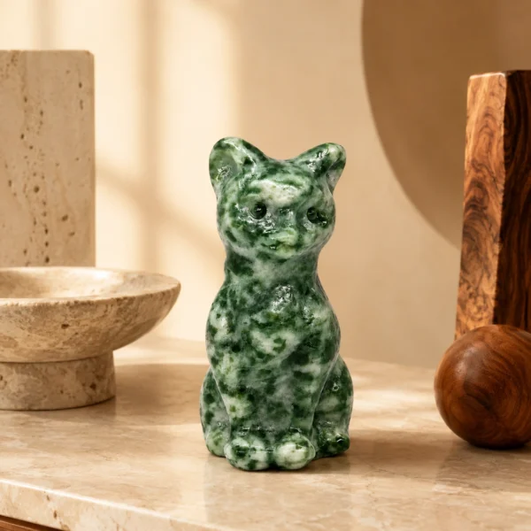 Green Qinghai Jade Cat Figurine Natural Stone Decor