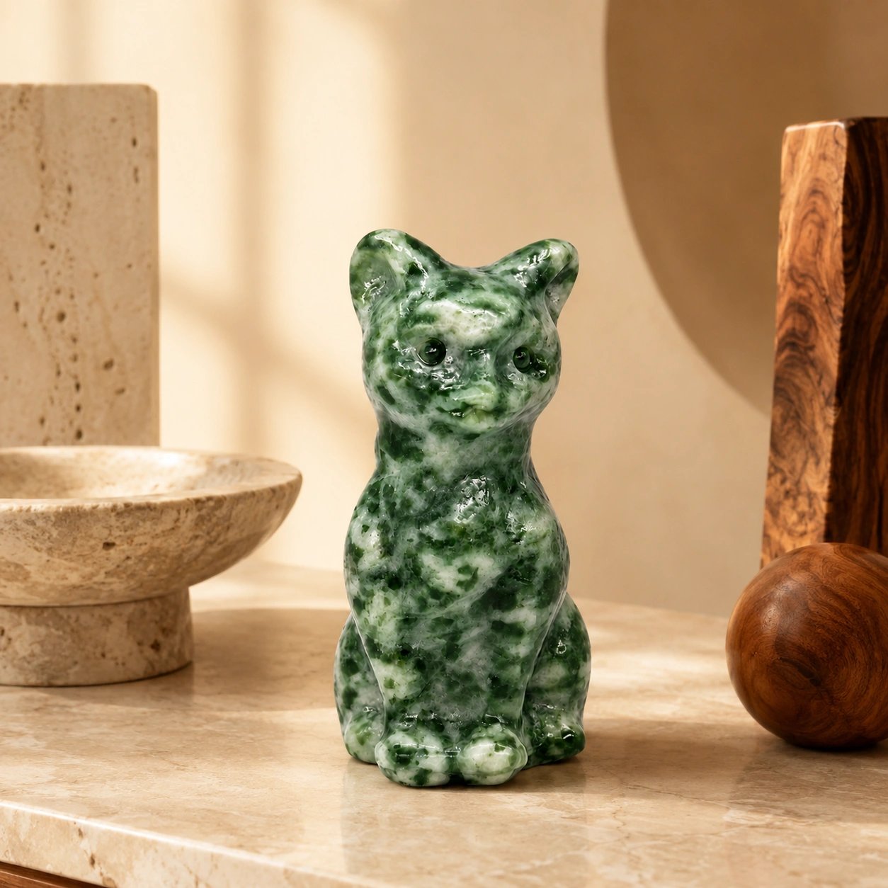 Green Qinghai Jade Cat Figurine Natural Stone Home Decor
