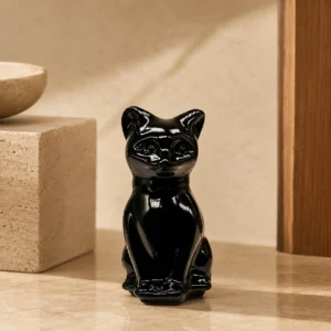 Black Obsidian Cat Figurine – Polished Crystal Cat Decor