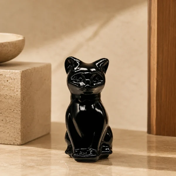 Black Obsidian Cat Figurine – Polished Crystal Cat Decor