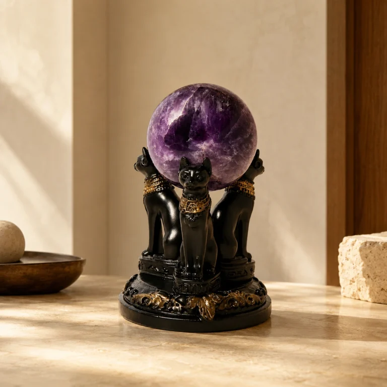 Black Cat Crystal Sphere Stand Ornament – Egyptian Bastet Design