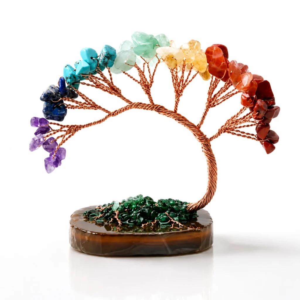 Seven Chakra Crystal Tree Bonsai Decor with Natural Gemstone Leaves