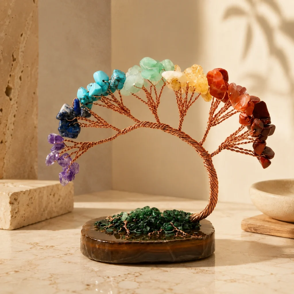 Seven Chakra Crystal Tree Bonsai Decor with Natural Gemstone Leaves