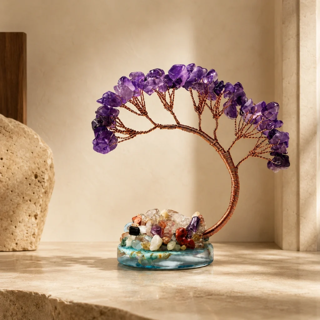 Amethyst Crystal Money Tree with Agate Base Décor