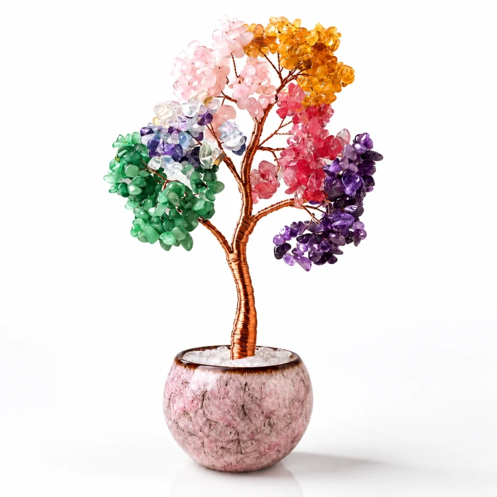 Seven Chakra Crystal Money Tree with White Crystal Pot