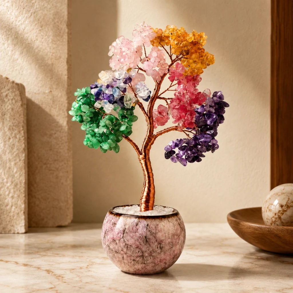 Seven Chakra Crystal Money Tree with White Crystal Pot