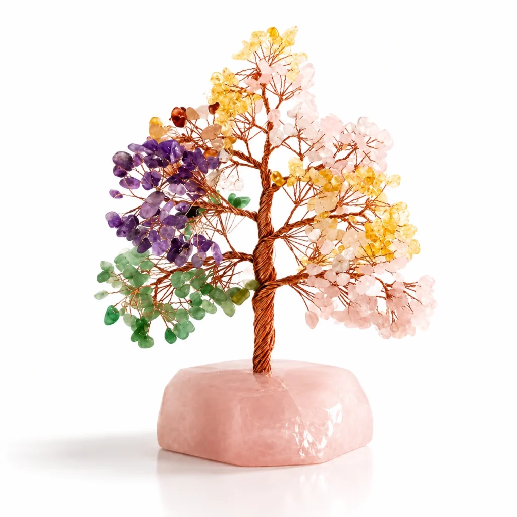 Mixed Crystal Money Tree with Rose Quartz Base – Handmade Gemstone Decor