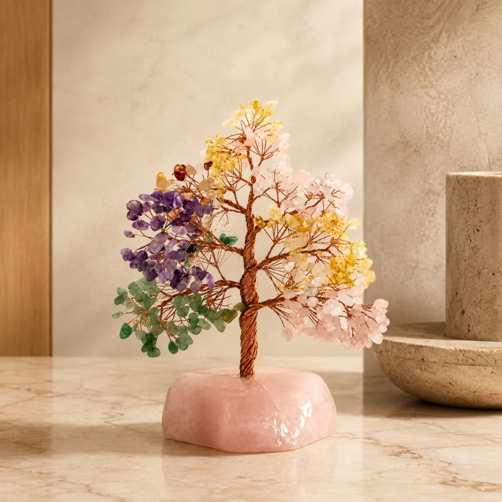 Mixed Crystal Money Tree with Rose Quartz Base – Handmade Gemstone Decor