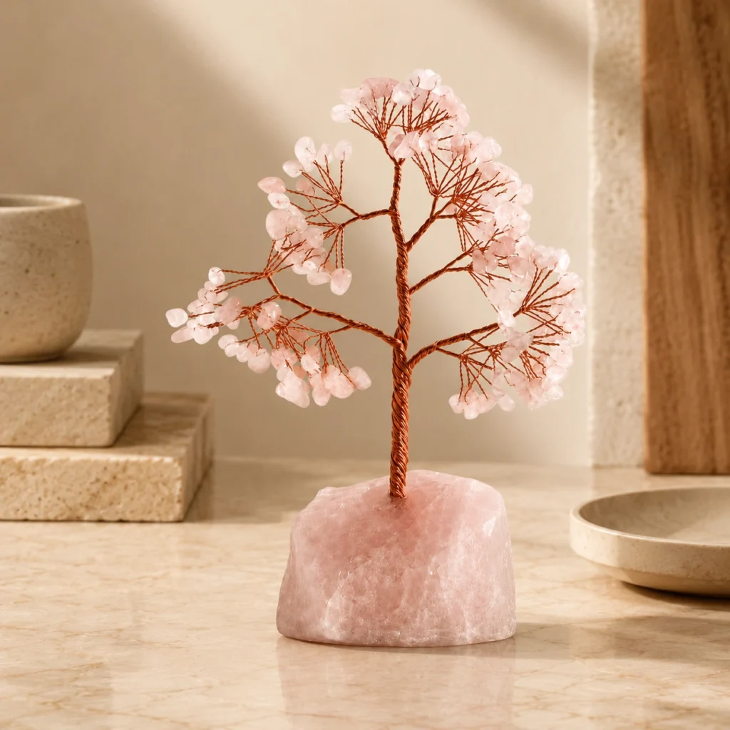 Rose Quartz Crystal Money Tree with Raw Stone Base