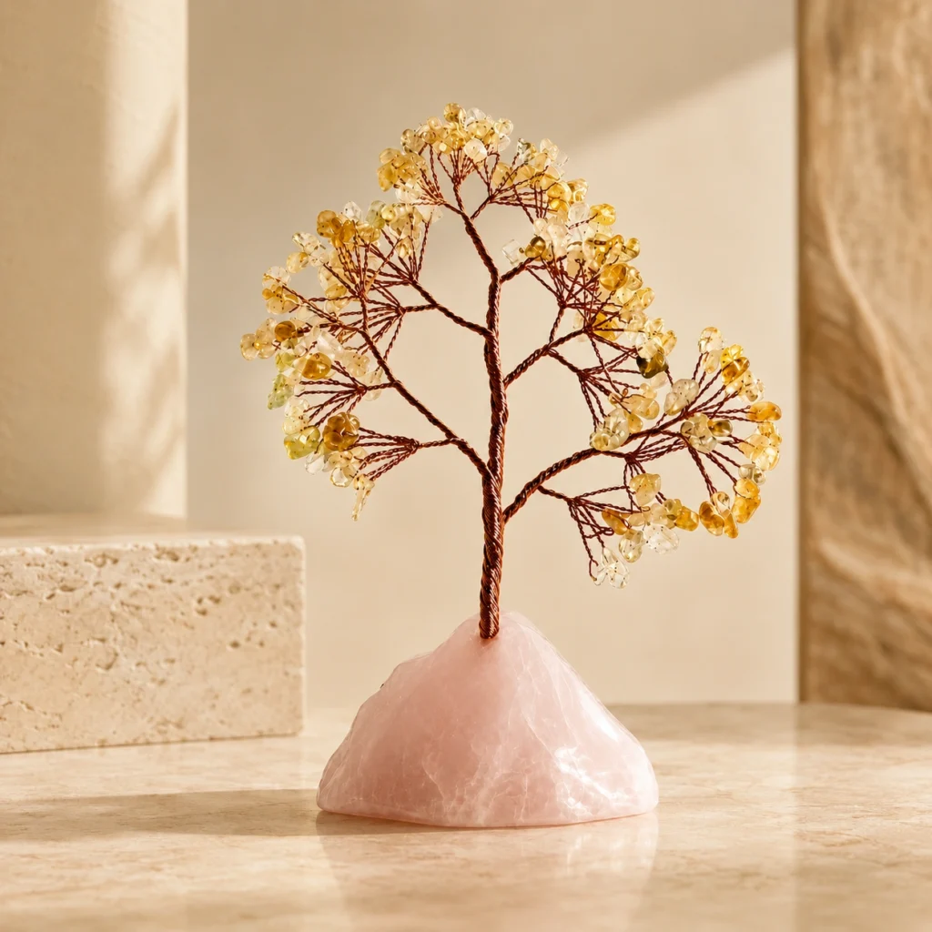 Citrine Crystal Money Tree on Rose Quartz Base