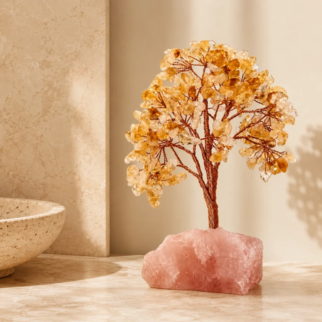 Citrine Crystal Tree with Rose Quartz Base Gemstone Bonsai