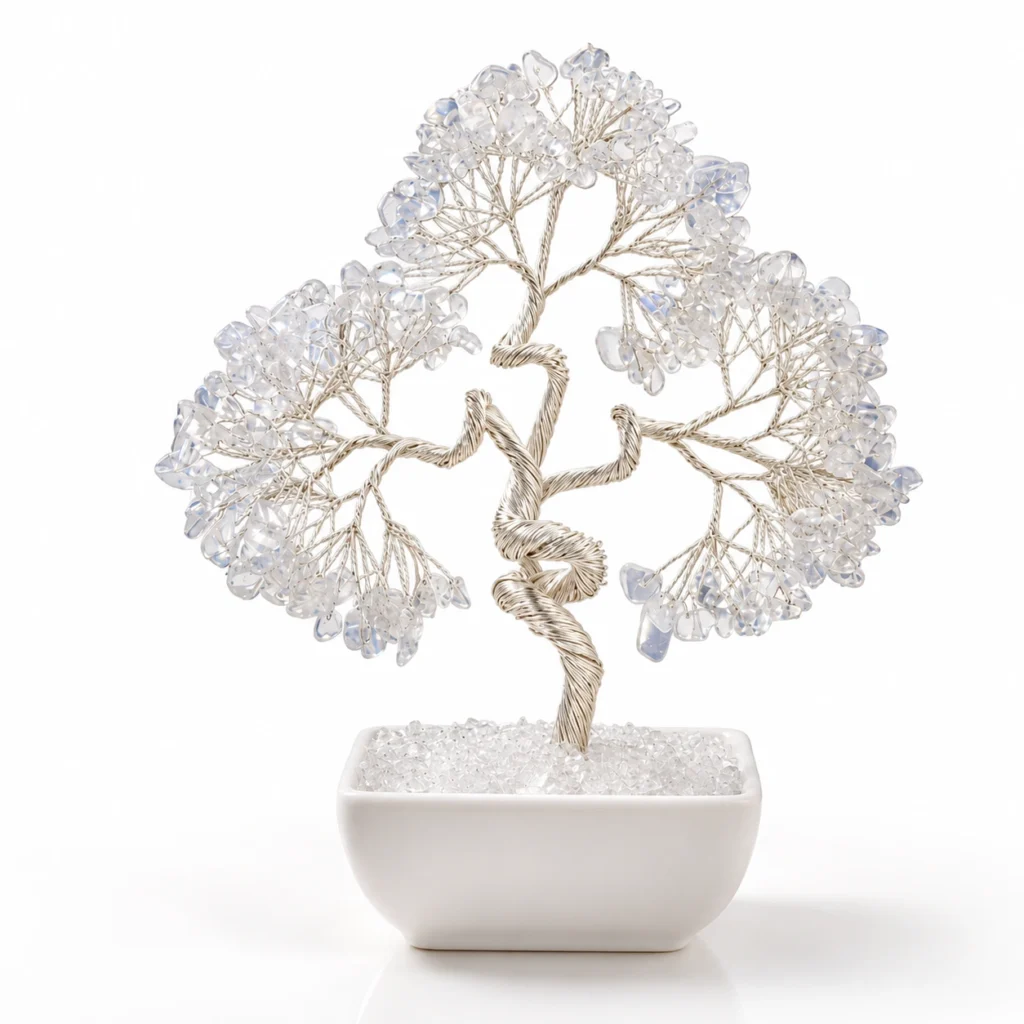 Opalite Crystal Money Tree Decor with Elegant White Design