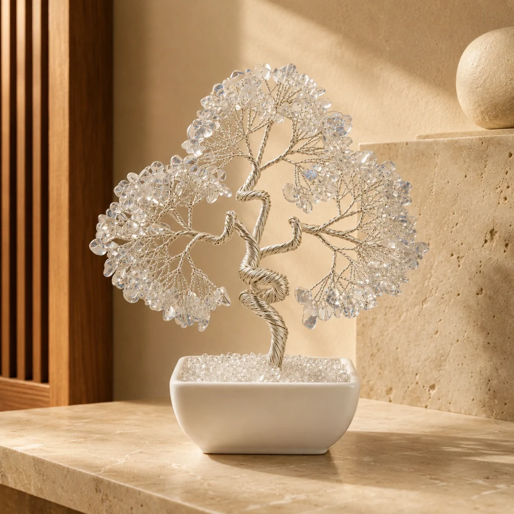 Opalite Crystal Money Tree Decor with Elegant White Design