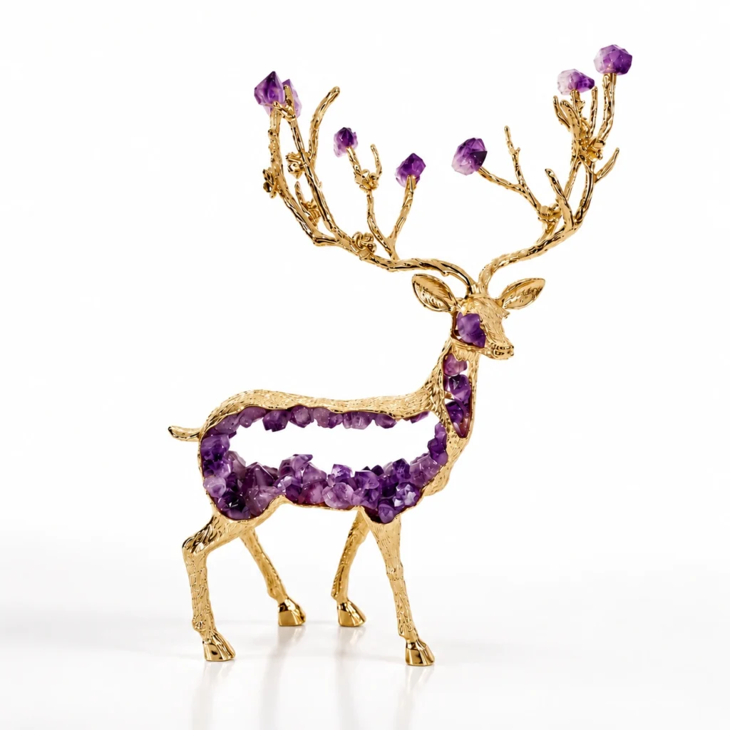 Amethyst Crystal Deer Figurine with Natural Stone Design