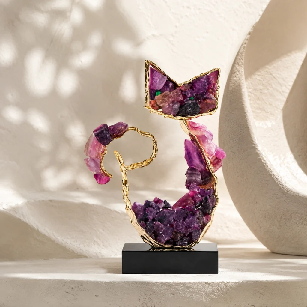 Amethyst Crystal Lucky Cat Figurine Elegant Home Decor