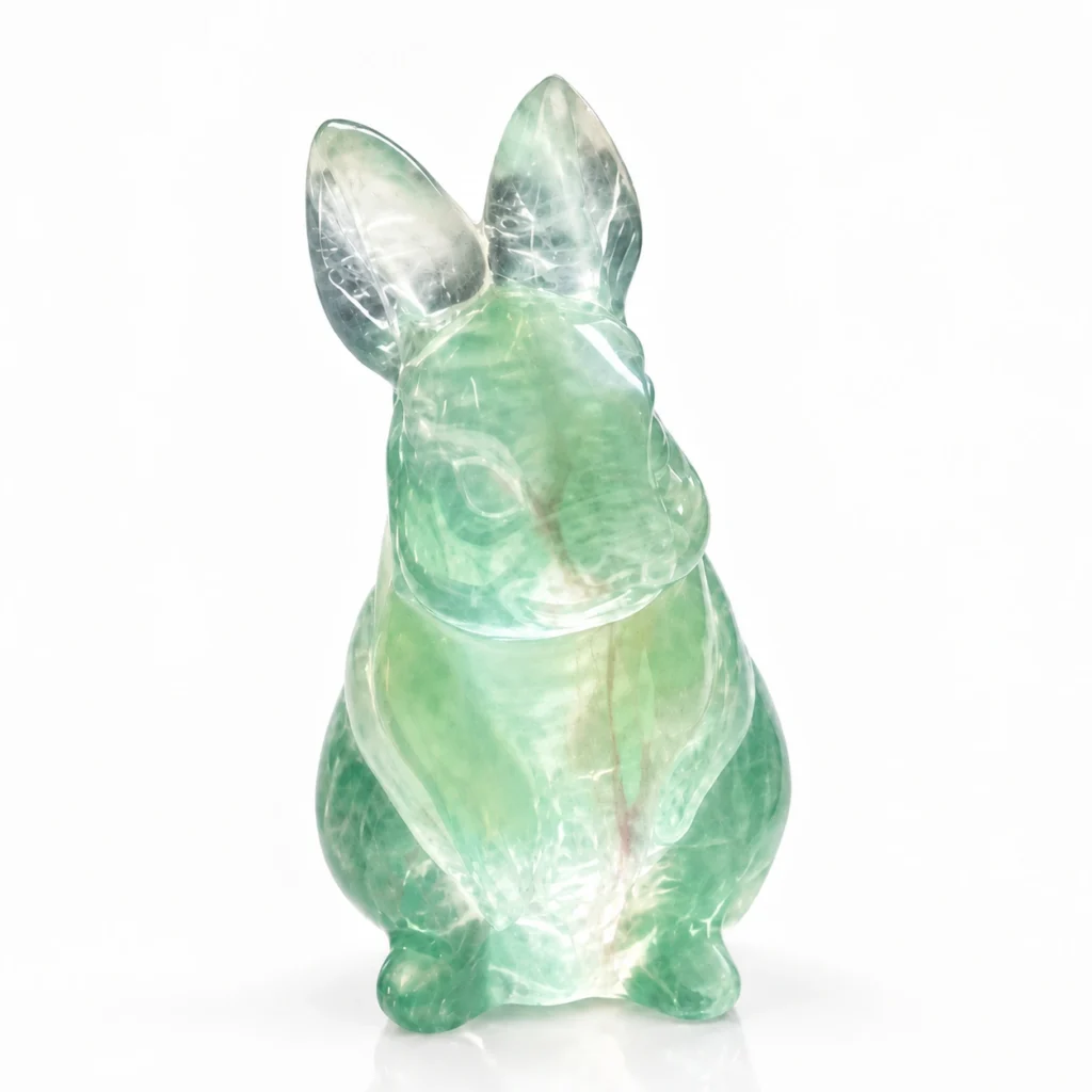 Green Fluorite Rabbit Crystal Figurine with Natural Carved Design