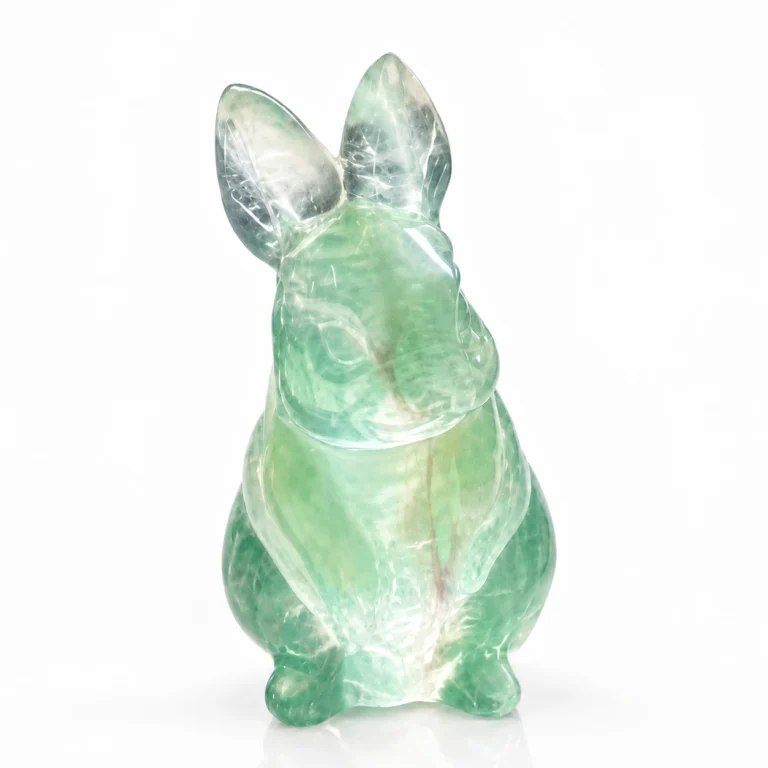 Green Fluorite Rabbit Crystal Figurine with Natural Carved Design