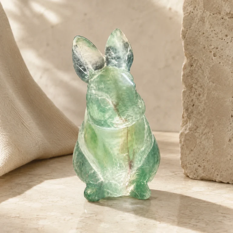 Green Fluorite Rabbit Crystal Figurine with Natural Carved Design