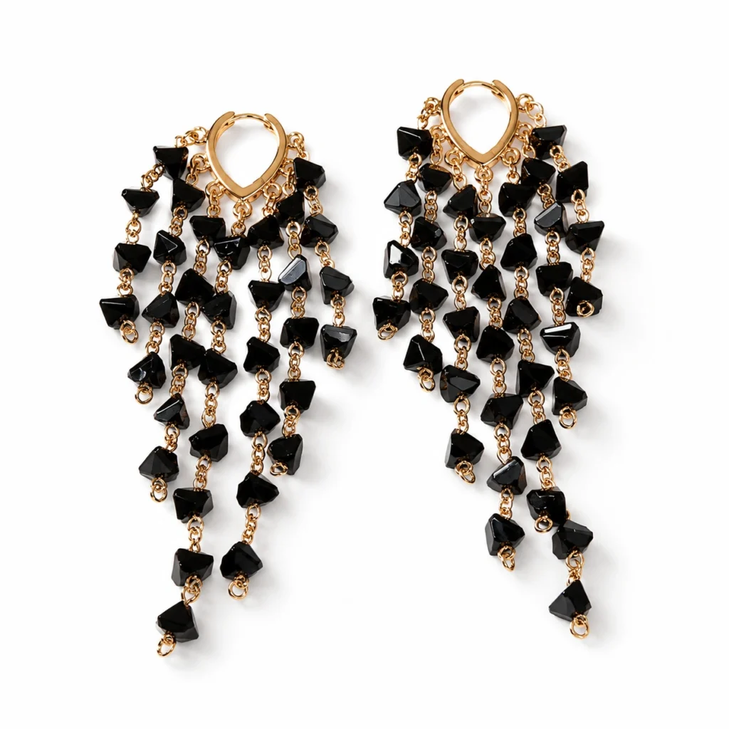 Black Geometric Tassel Earrings – Noir Cascade