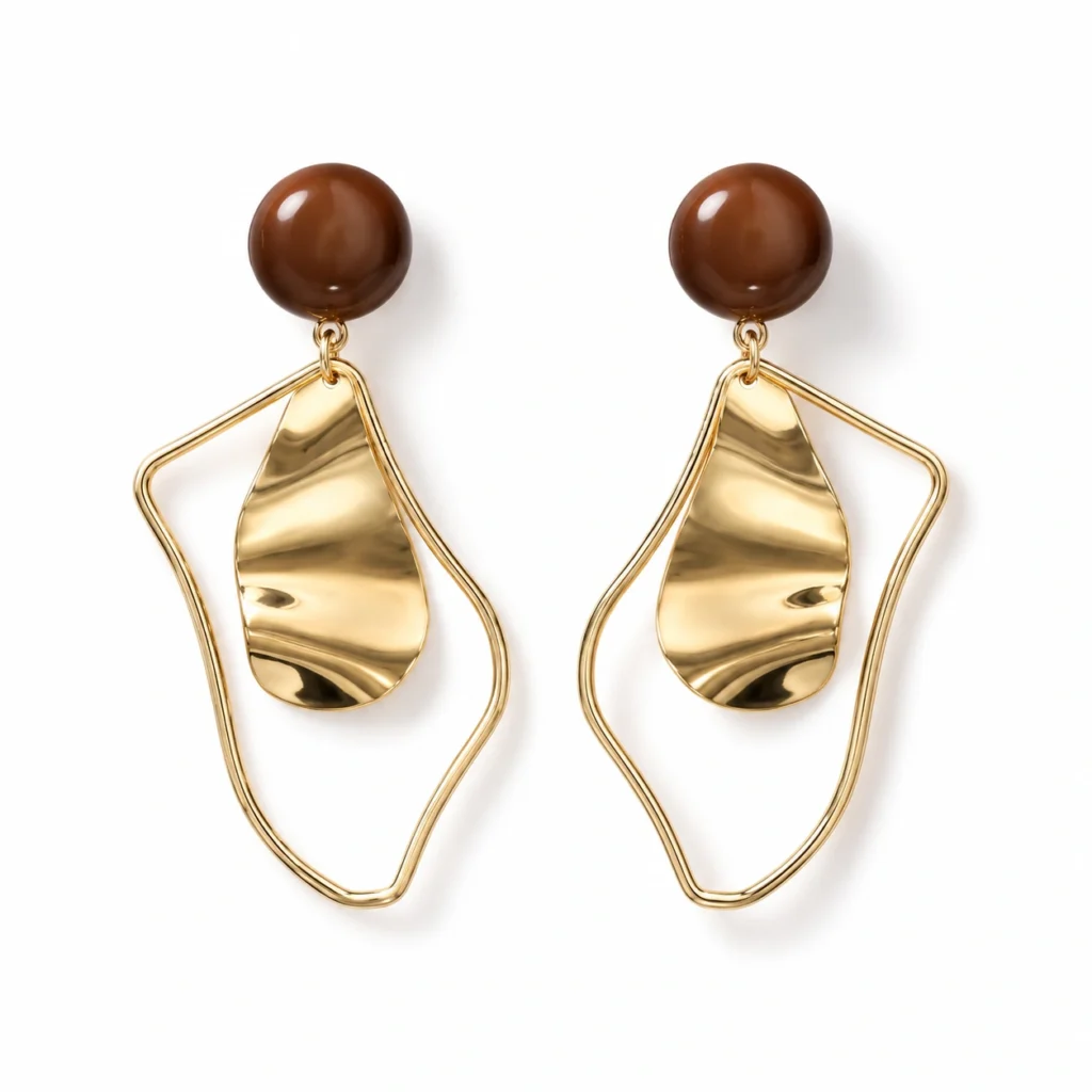 Brown Resin Geometric Drop Earrings – Irregular Gold Design