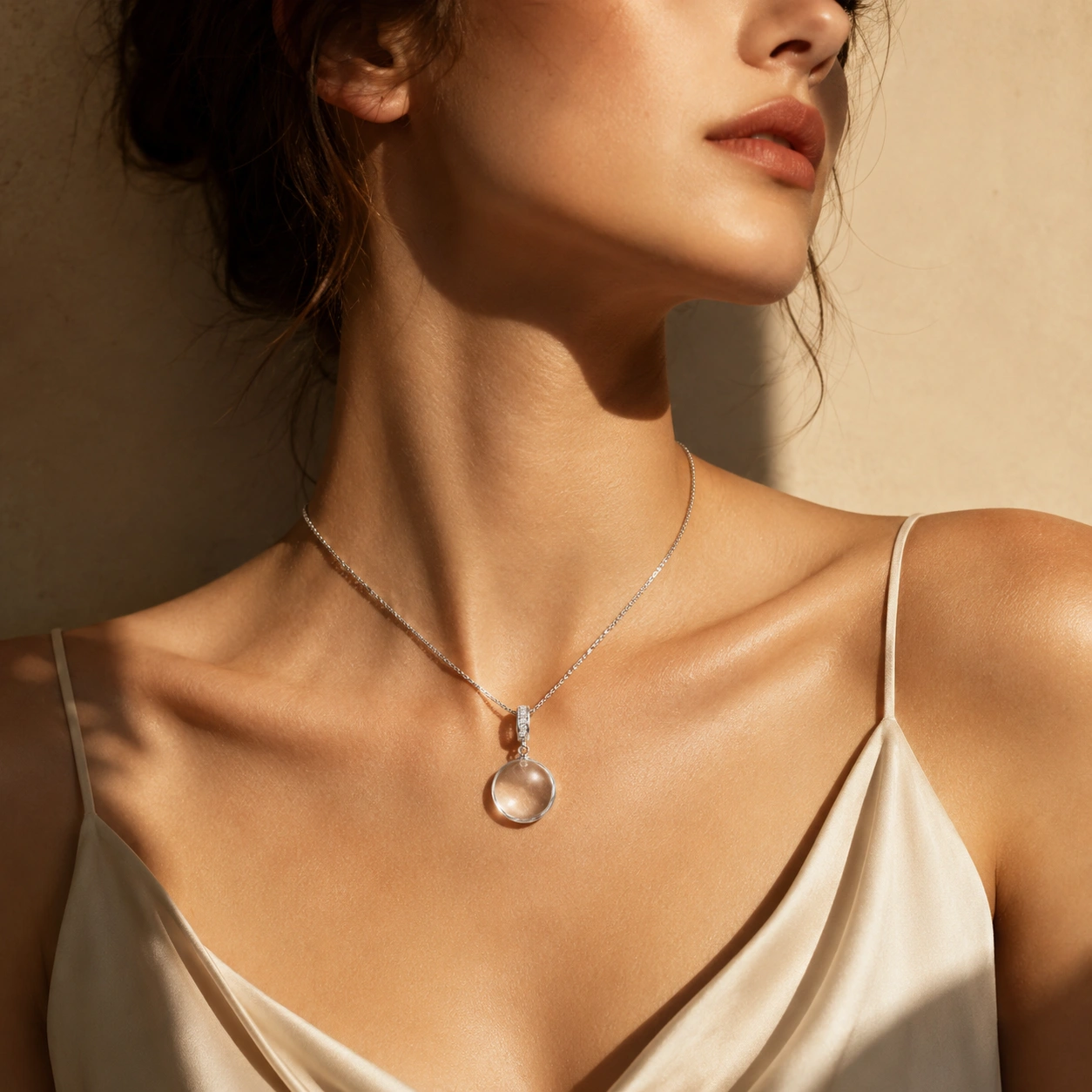 Natural Clear Quartz Round Pendant Necklace