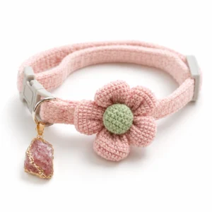 Rose Quartz Cat Collar – Crochet Flower Charm